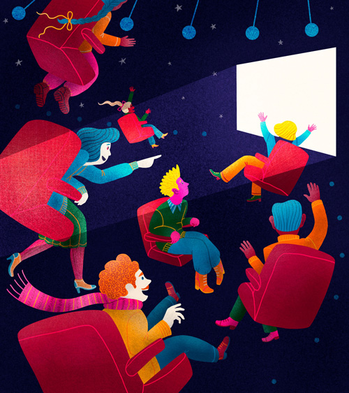 Illustrations with people flying in cinema chairs toward a lit cinema screen. Happy and excited feeling.
