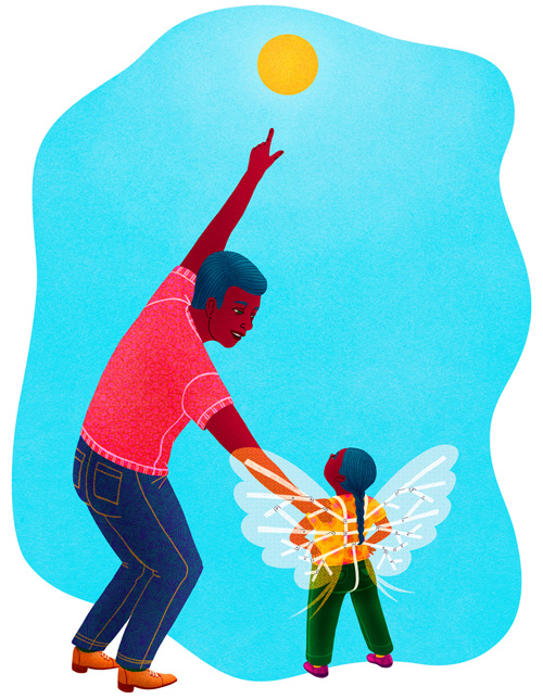 Illustration with a father encouraging his child to fly to the sun. The child has homemade wings attached to her back.